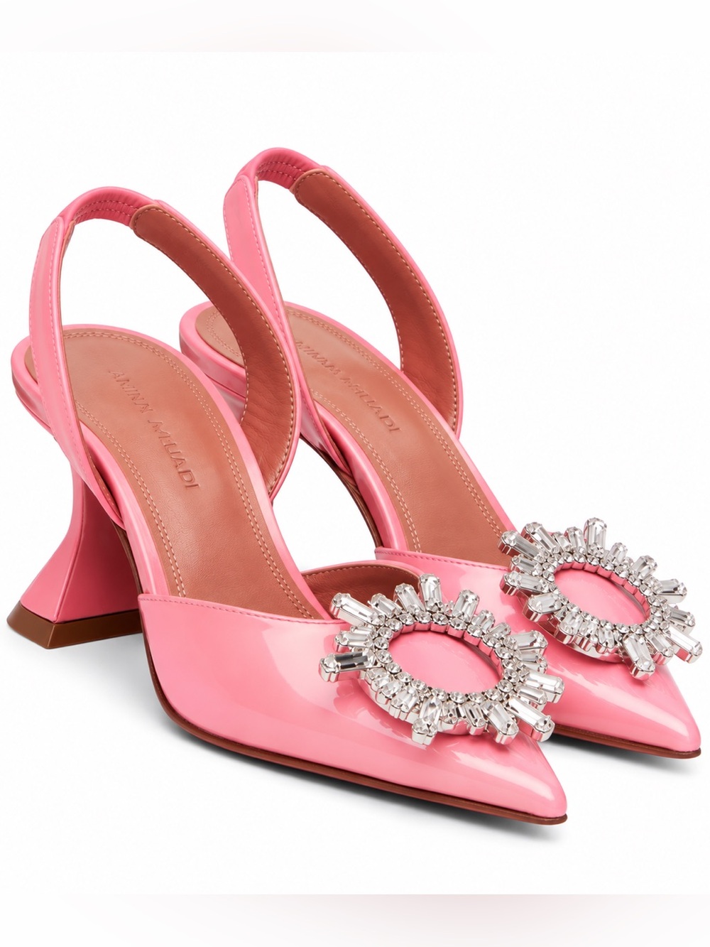 Amina Muaddi Pink Patent Slingback Pumps with Crystal Medallion